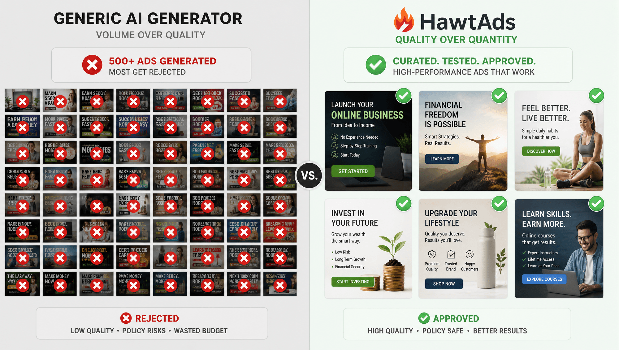 A split-screen illustration showing a generic AI generator producing hundreds of rejected ads with r