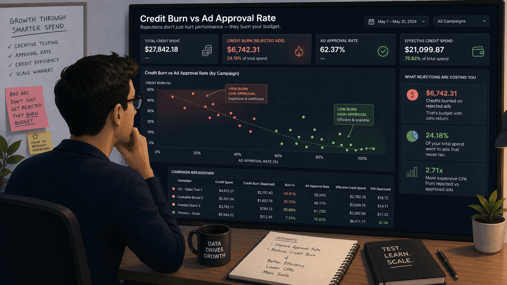 An illustration of a performance marketer analyzing a dashboard showing "Credit Burn" vs "Ad Approva