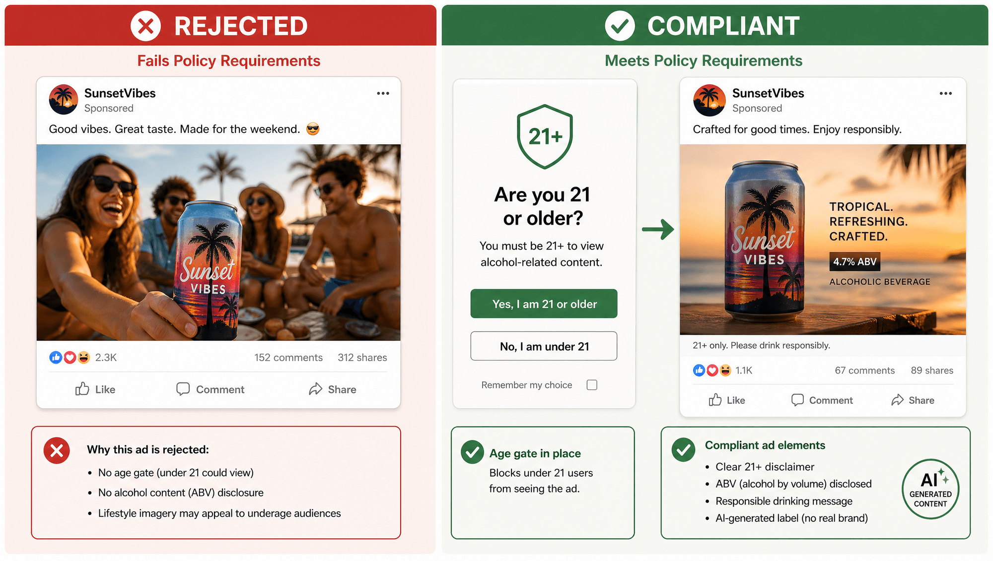 A split-screen illustration: one side shows a "Rejected" ad with an invisible age gate and no ABV di