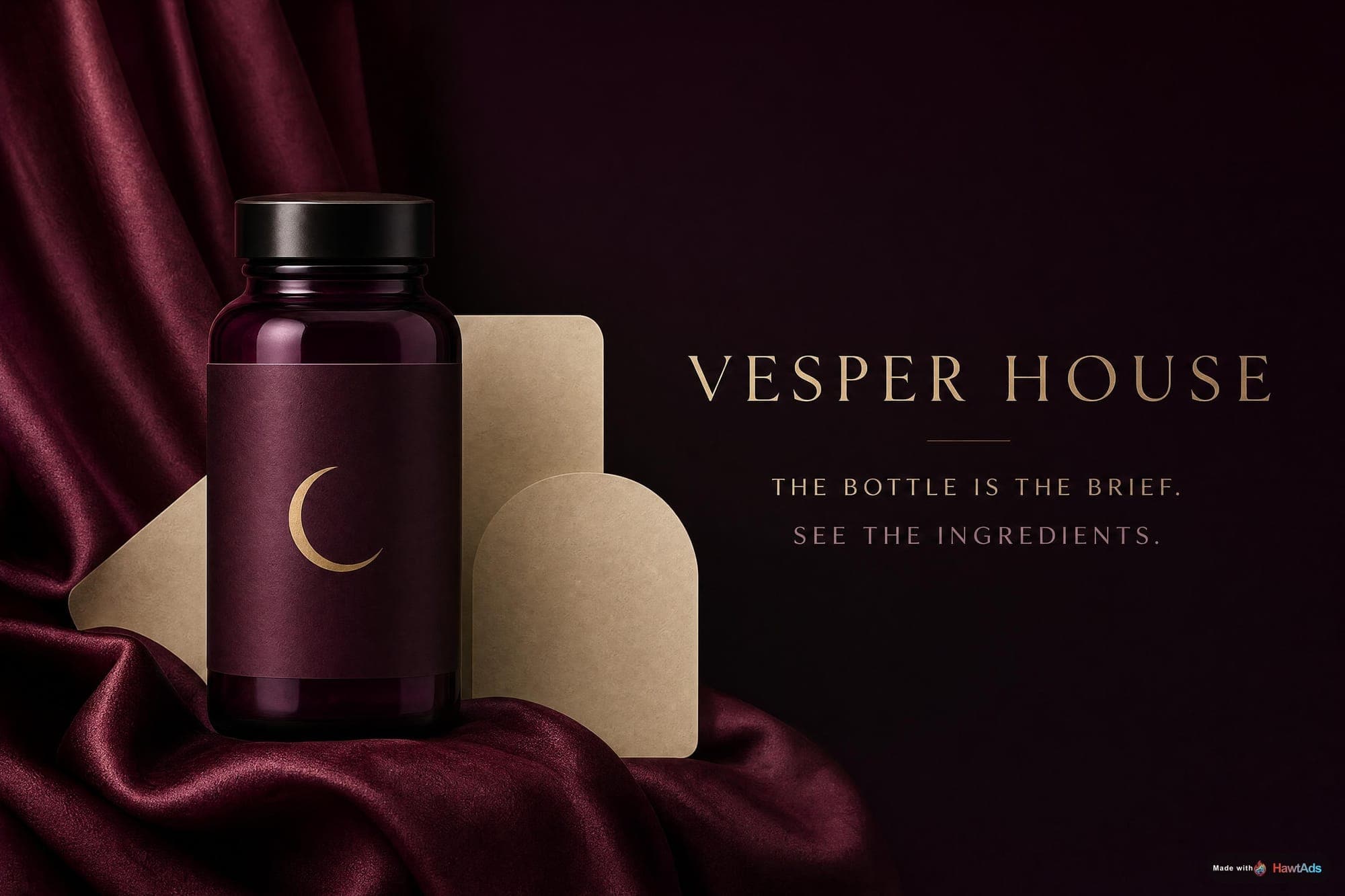 A fictional Vesper House adult wellness supplement ad with a plum bottle and the line The Bottle Is the Brief.
