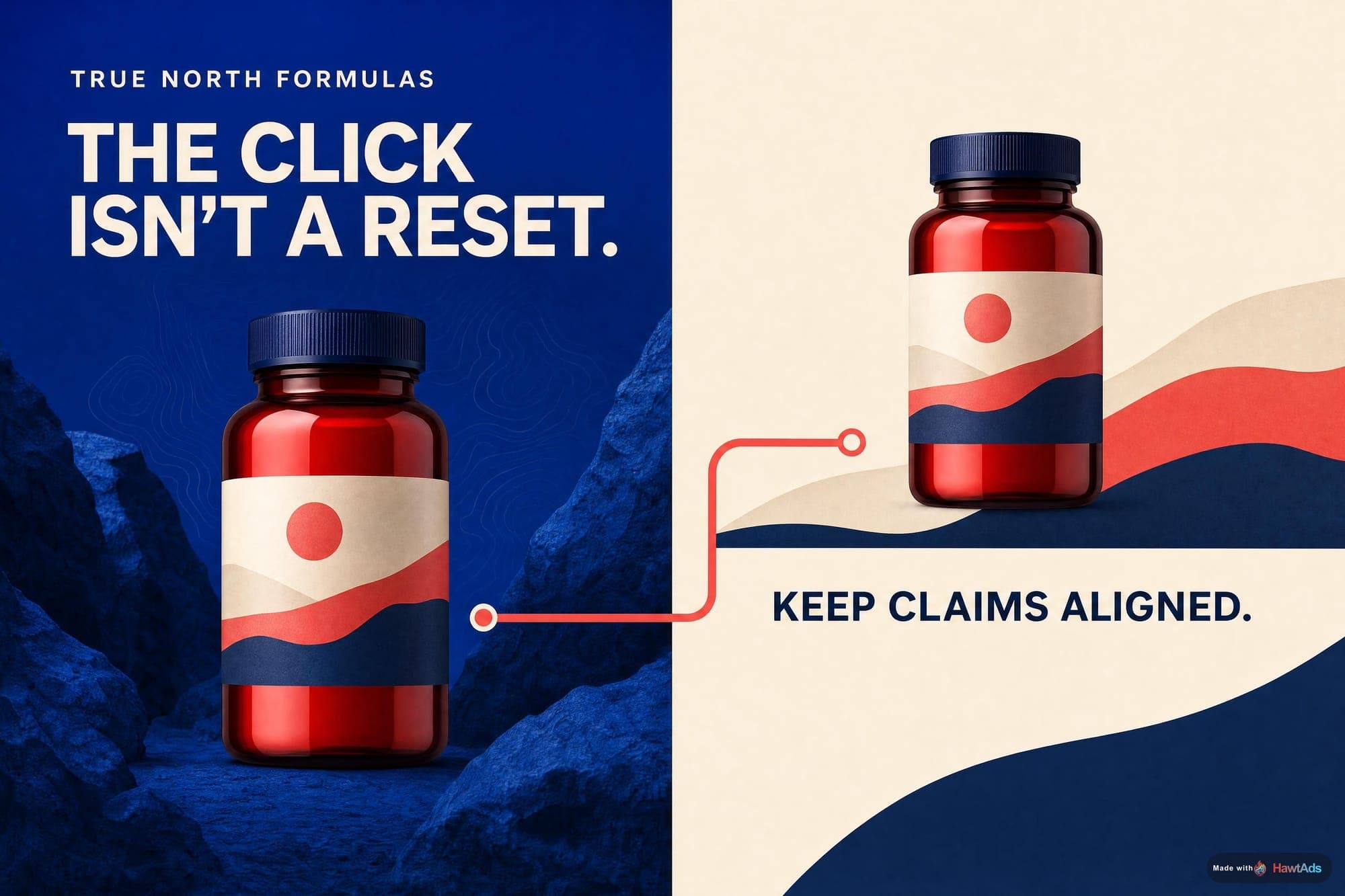 A fictional True North Formulas ad connects the same red bottle across an ad panel and a landing-page panel.