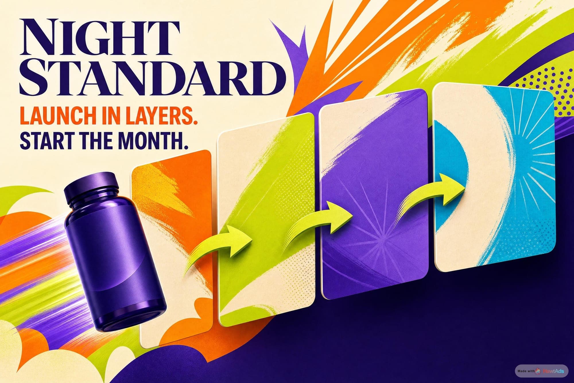 A bright fictional Night Standard ad moves a violet bottle through four colorful cards beneath the line Launch in Layers.