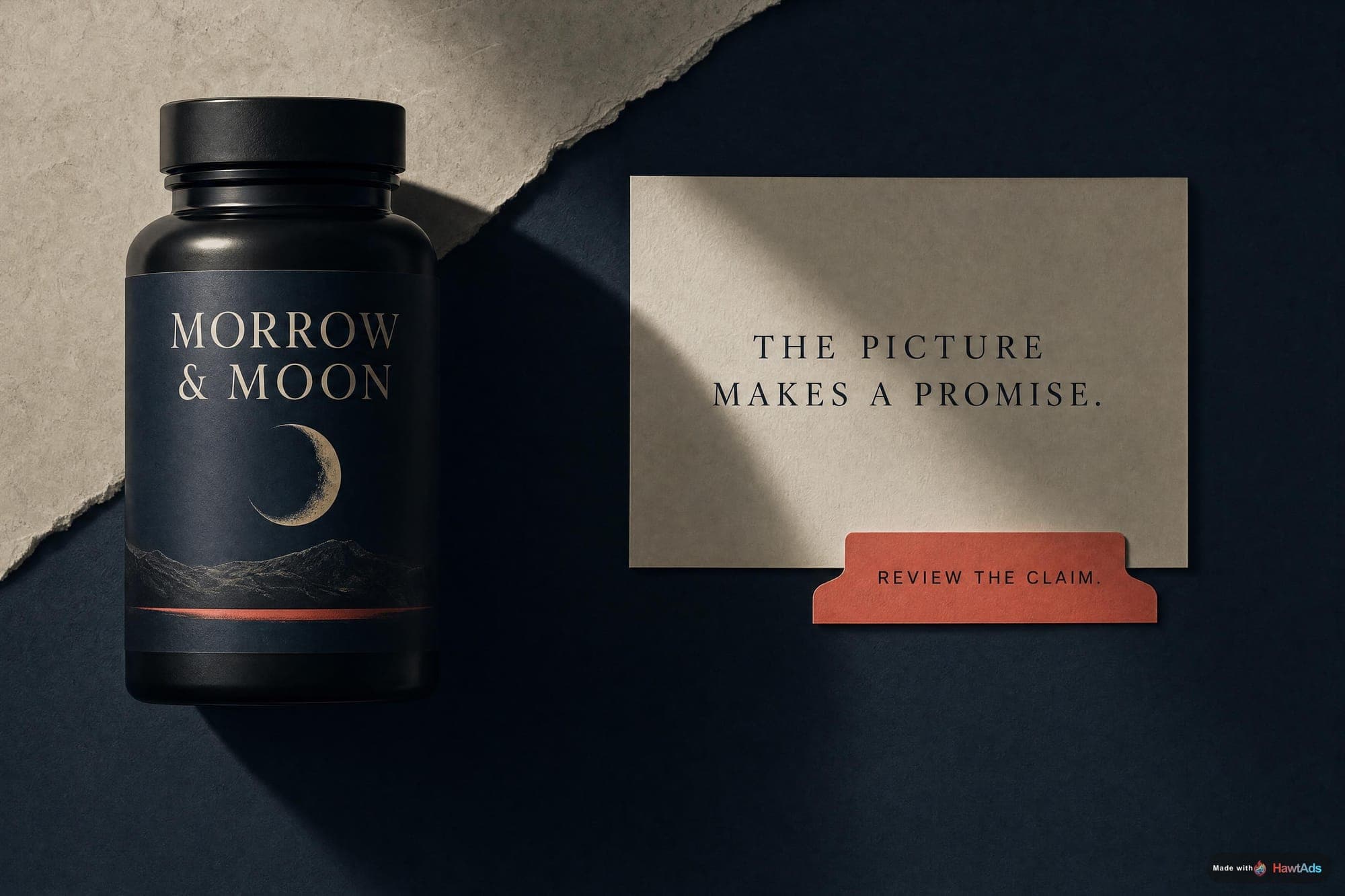 A fictional Morrow and Moon supplement ad beside a card reading The Picture Makes a Promise.