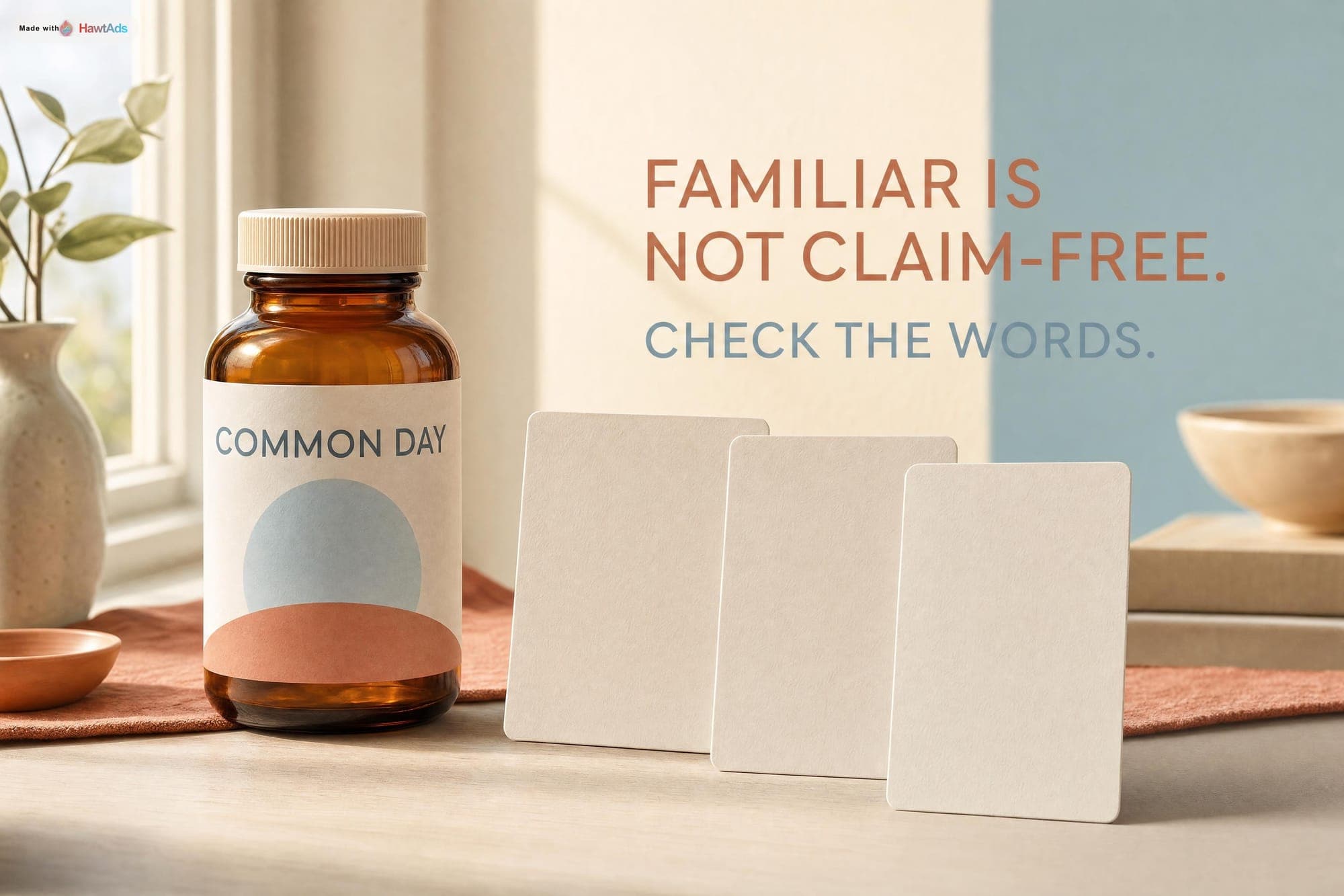 A warm fictional Common Day vitamin ad with an amber bottle and the line Familiar Is Not Claim-Free.