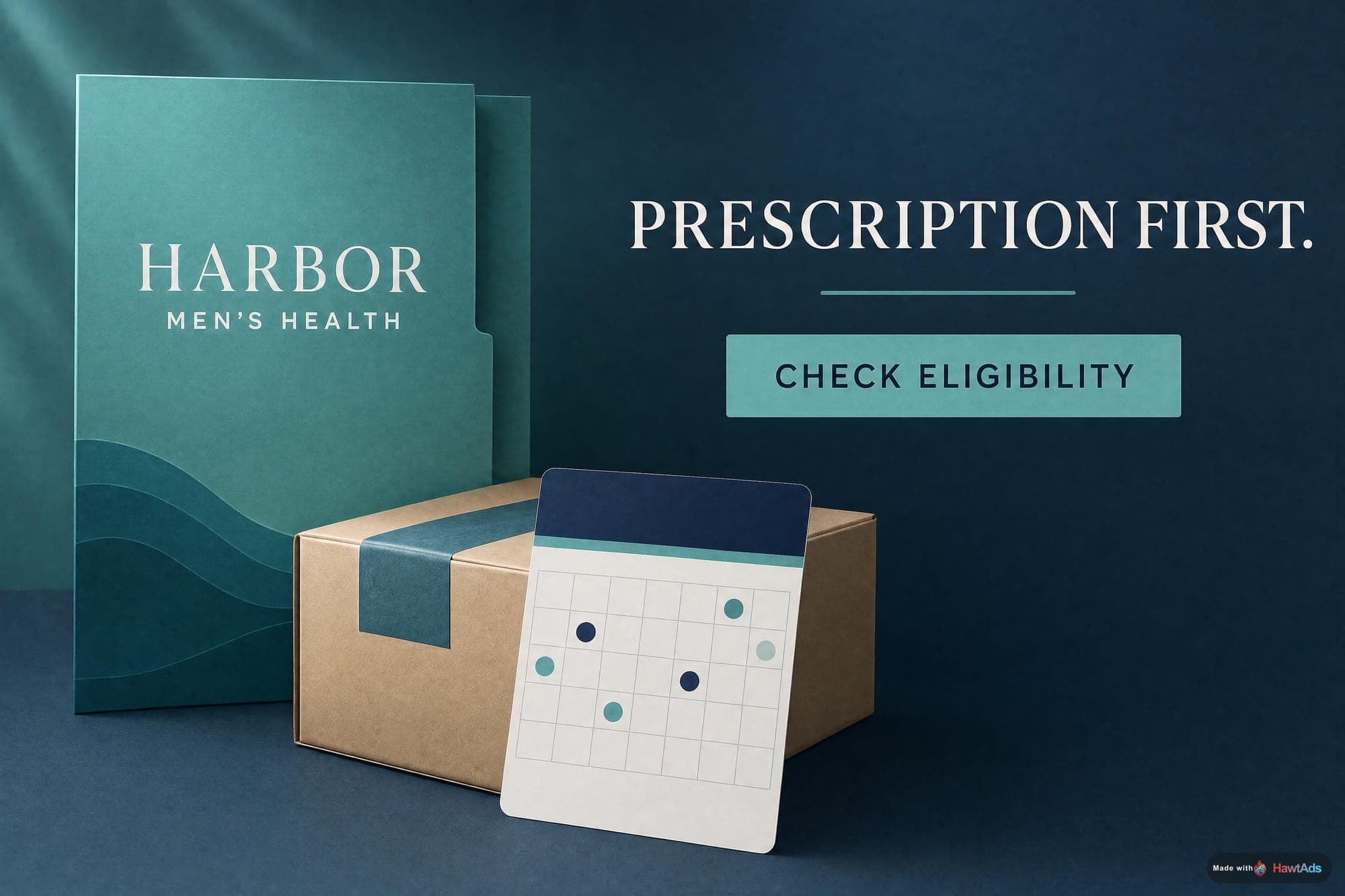 A fictional Harbor Men’s Health telehealth operations ad with a teal appointment folder and the line Prescription First.