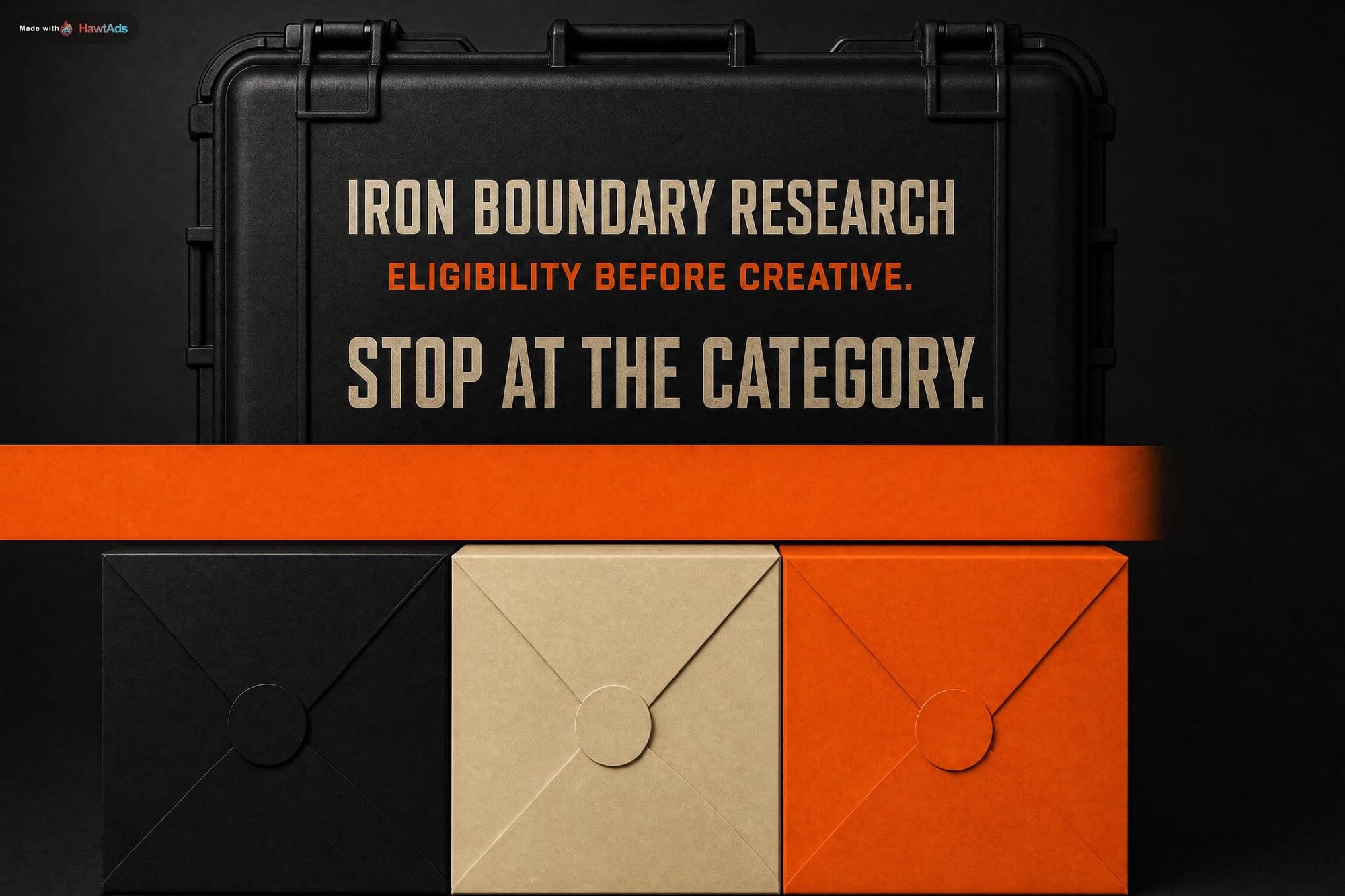 A black and safety-orange fictional Iron Boundary Research ad reading Eligibility Before Creative and Stop at the Category.