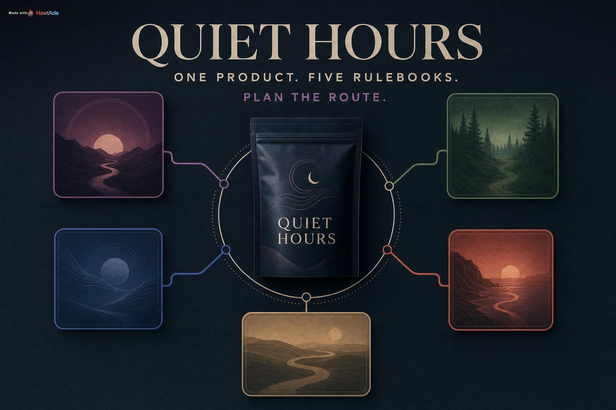 A fictional Quiet Hours product connects to five colored route cards beneath the line One Product, Five Rulebooks.