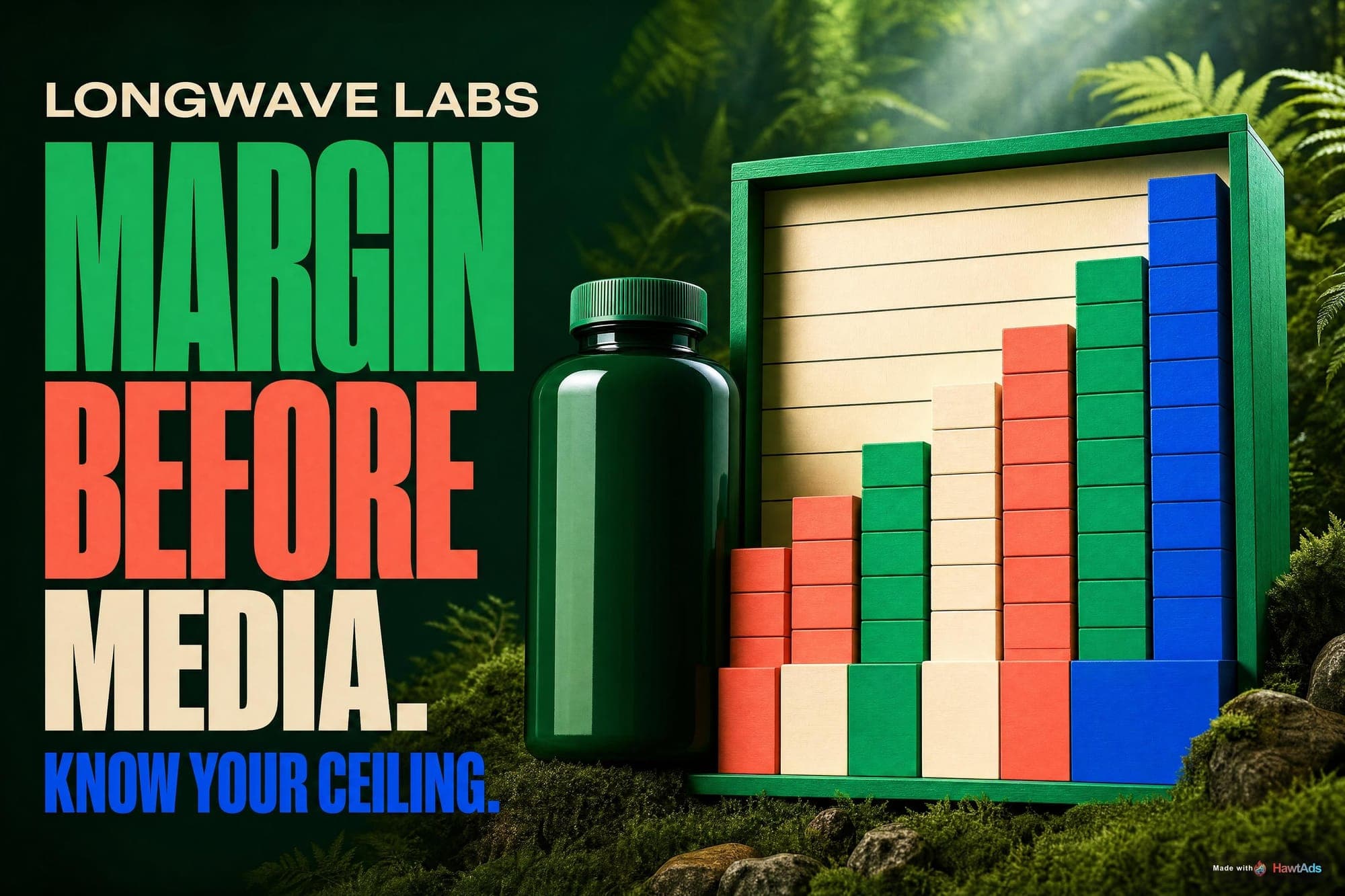 A bold green fictional Longwave Labs ad beside a colorful contribution ledger and the line Margin Before Media.
