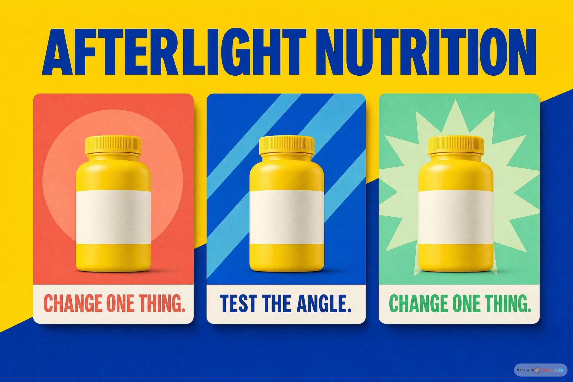 Three cheerful fictional Afterlight Nutrition ad cards vary their visual background beneath the line Change One Thing.