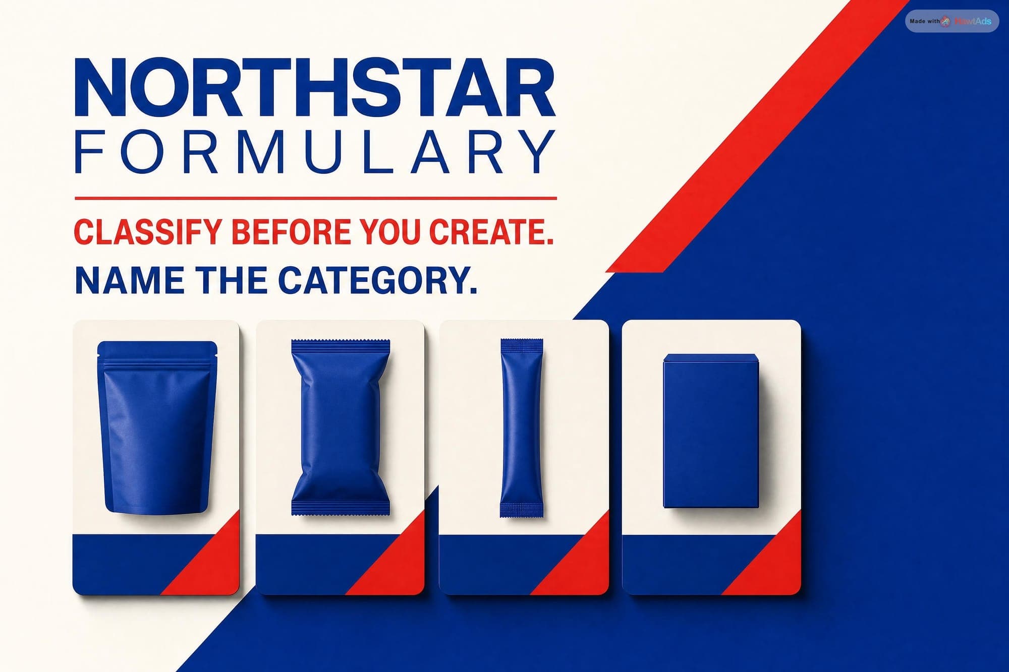 A fictional Northstar Formulary ad sorts four sealed product packs beneath the line Classify Before You Create.