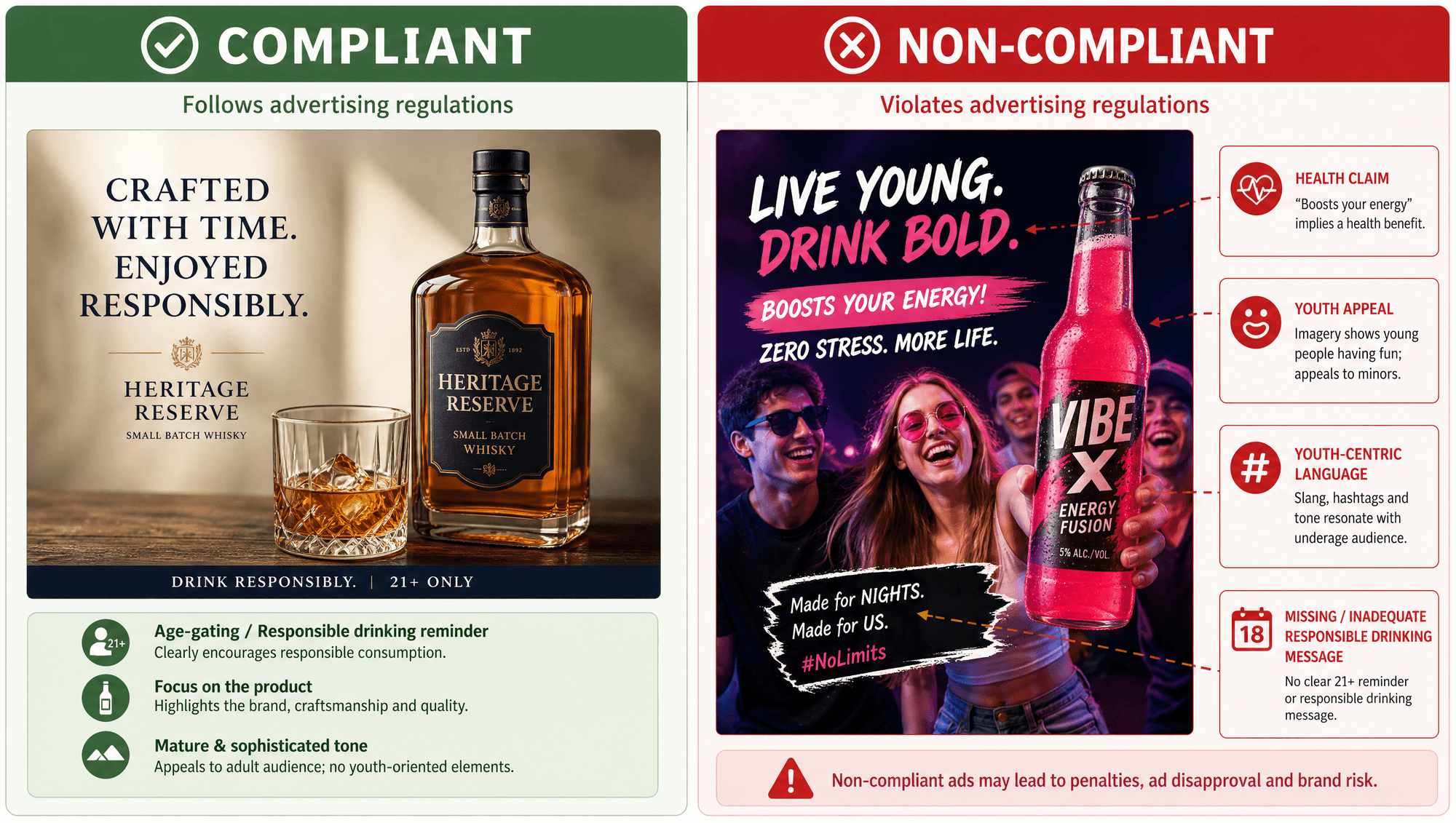 A split-screen illustration showing 'Compliant' vs 'Non-Compliant' alcohol ad creatives, with the no
