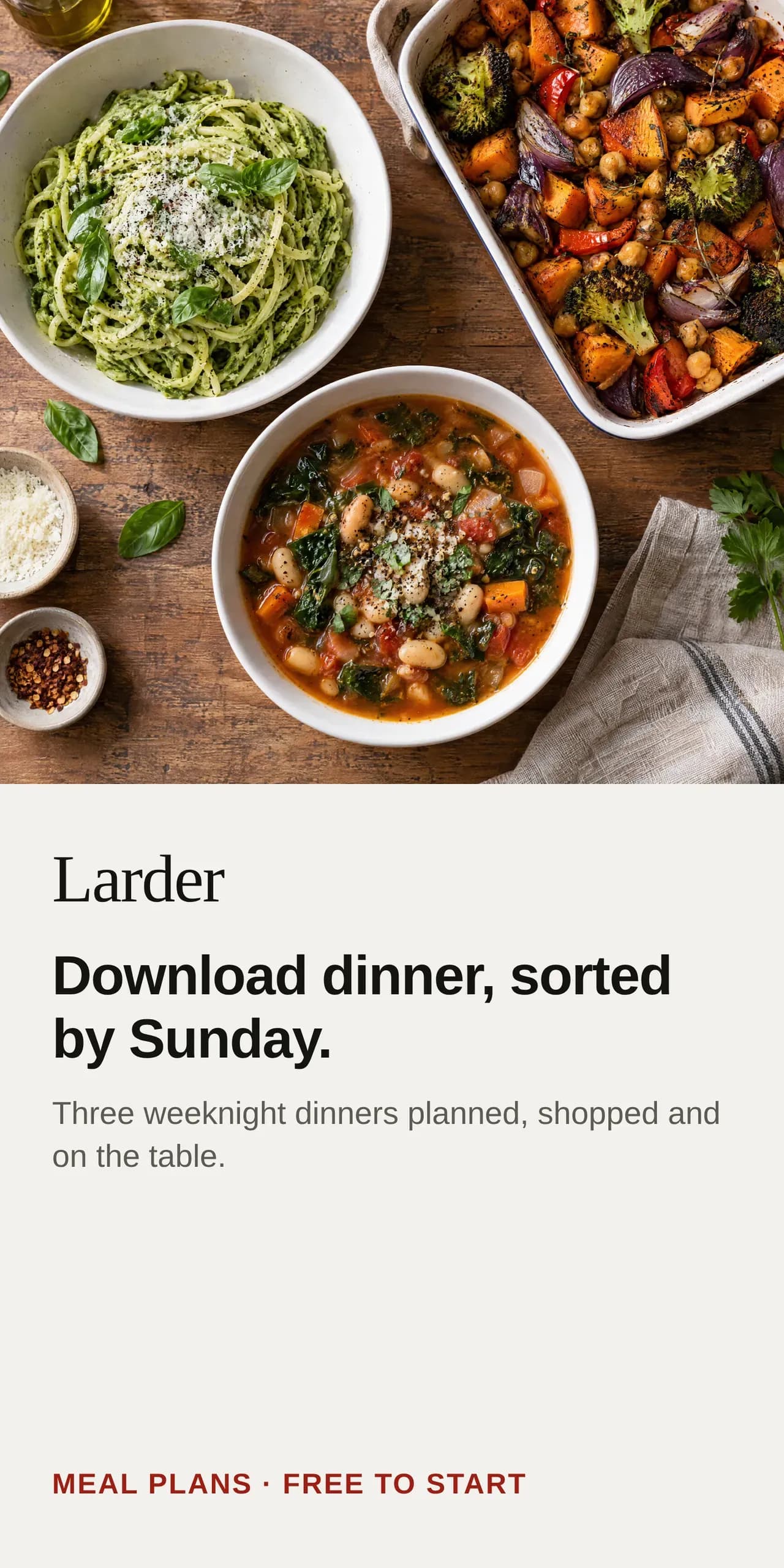 The same 300 by 600 Larder half-page with the download button removed and the offer in the headline, Download dinner, sorted by Sunday.