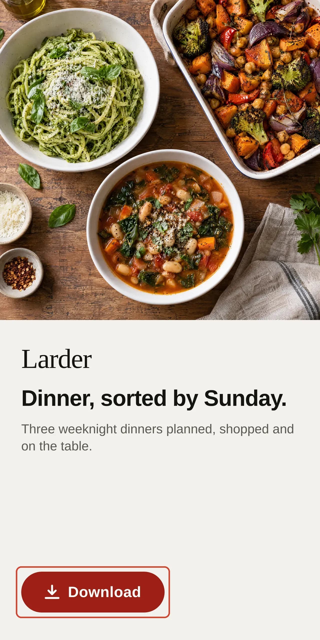 A 300 by 600 half-page ad for Larder, a fictional meal-planning app: three weeknight dishes on a wooden table, the wordmark and the line Dinner, sorted by Sunday, and a red Download button with an arrow at the foot of the file, enclosed in a red box drawn on the image.
