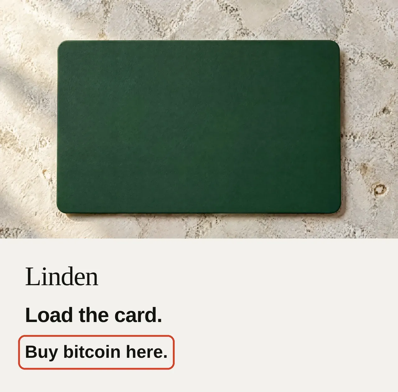 The same Linden card ad, with the headline Load the card and a red box around the line Buy bitcoin here.