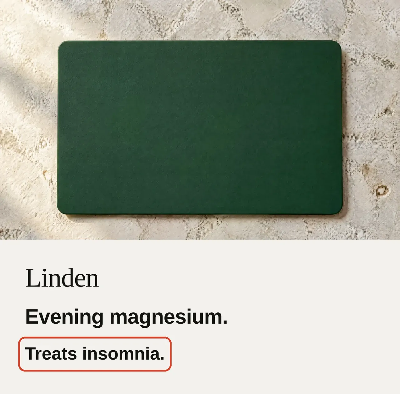 The same Linden card ad, with the headline Evening magnesium and a red box around the line Treats insomnia.