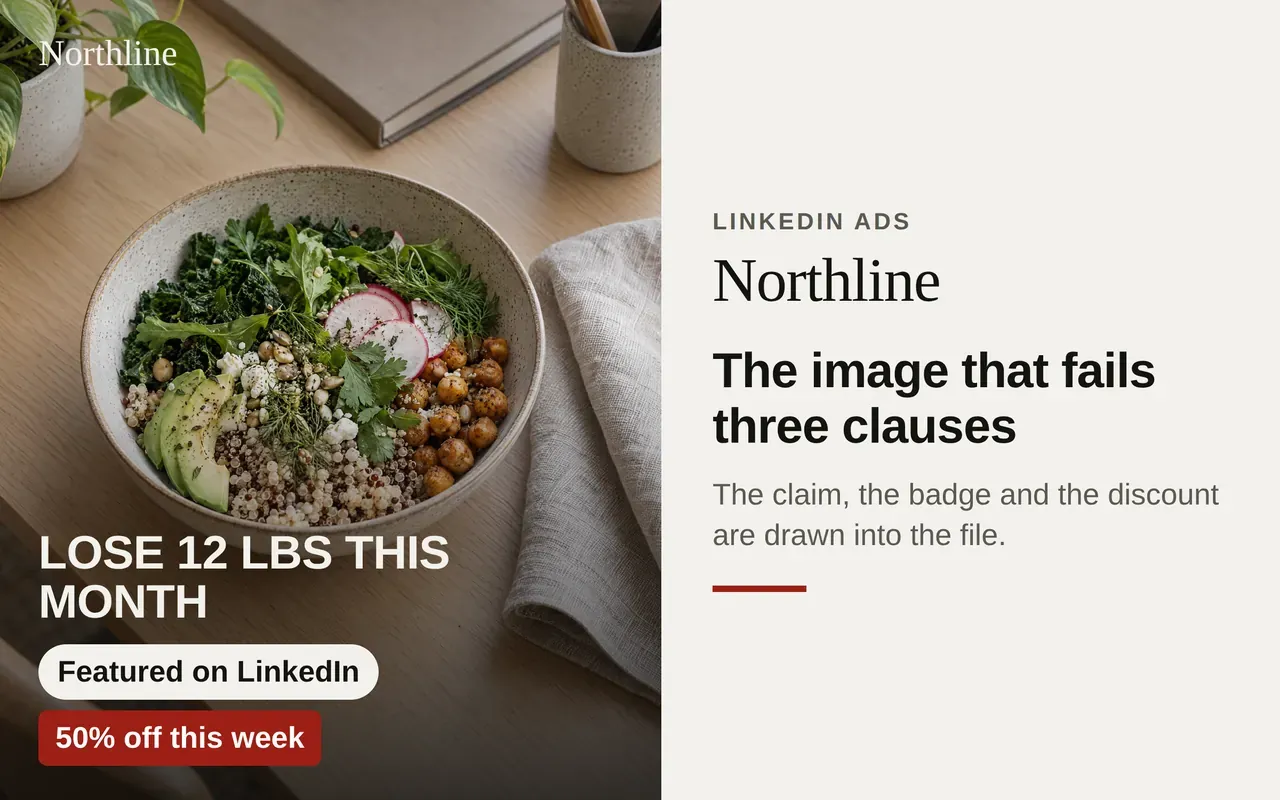 Square image ad for Northline: a grain bowl on a desk, with a weight-loss claim, a Featured on LinkedIn badge, and a 50 percent discount in the file.