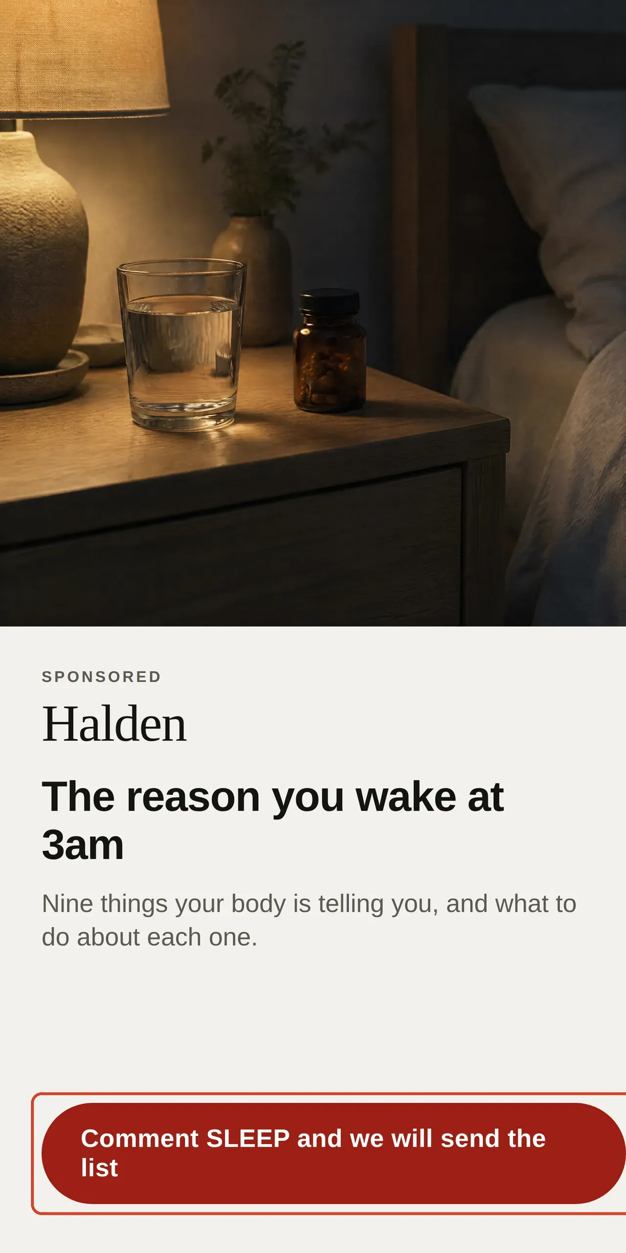 Composed feed ad for Halden, a fictional magnesium brand, showing a bedside table at night with a glass of water and a bottle of capsules, under the headline The reason you wake at 3am, a line promising nine things your body is telling you, and a red comment button outlined in red.