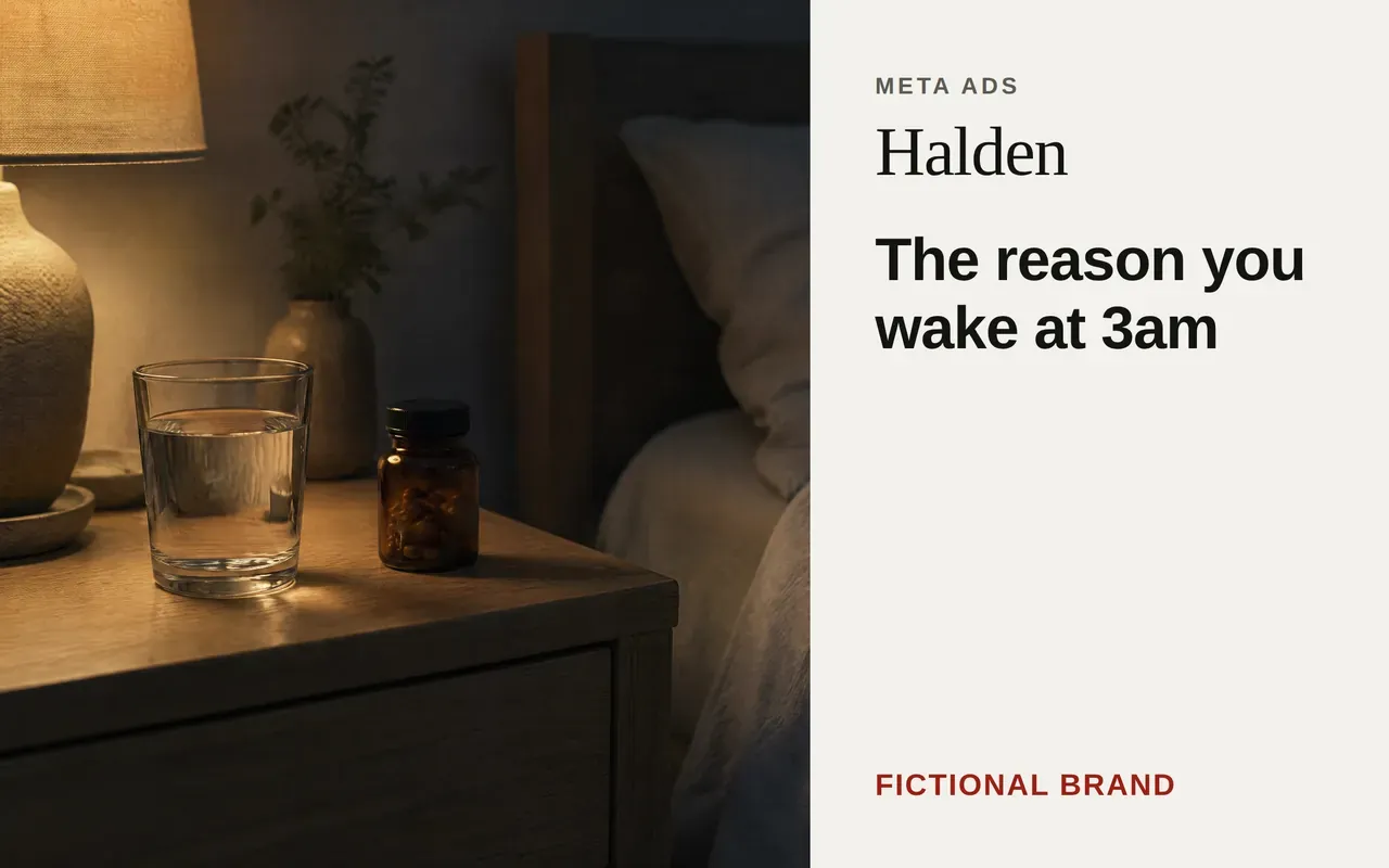 Composed feed ad for the fictional brand Halden: a bedside table at night with a glass of water and a bottle of capsules, beside the headline The reason you wake at 3am.