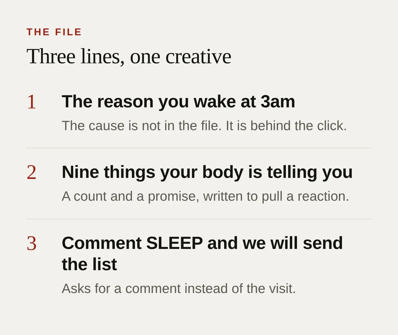 Sheet showing the three copy lines from the Halden unit, numbered. One, the headline about waking at 3am, keeps the cause behind the click. Two, the promise of nine things, is a count written to pull a reaction. Three is the request to comment instead of visiting the site.