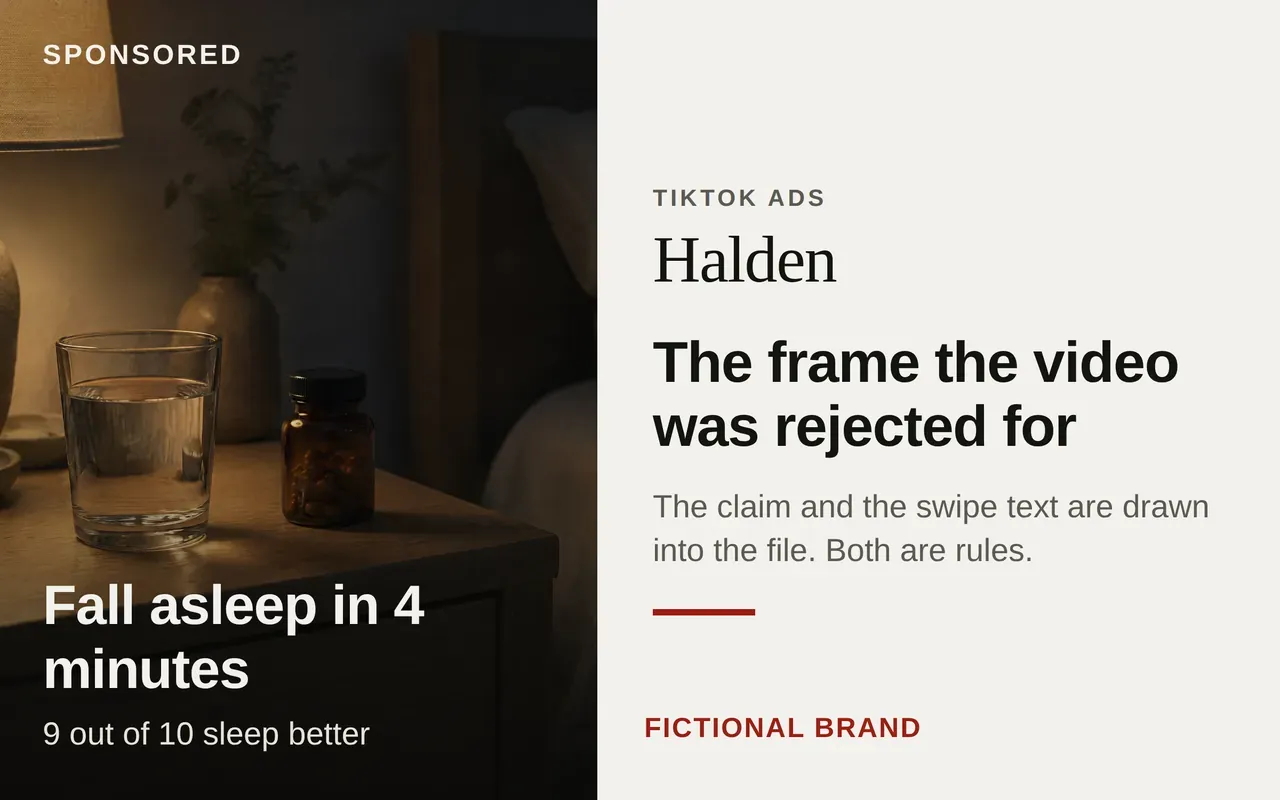 Composed TikTok ad frame for the fictional brand Halden: a bedside table at night with a glass of water and a bottle of capsules, under the claim Fall asleep in 4 minutes.
