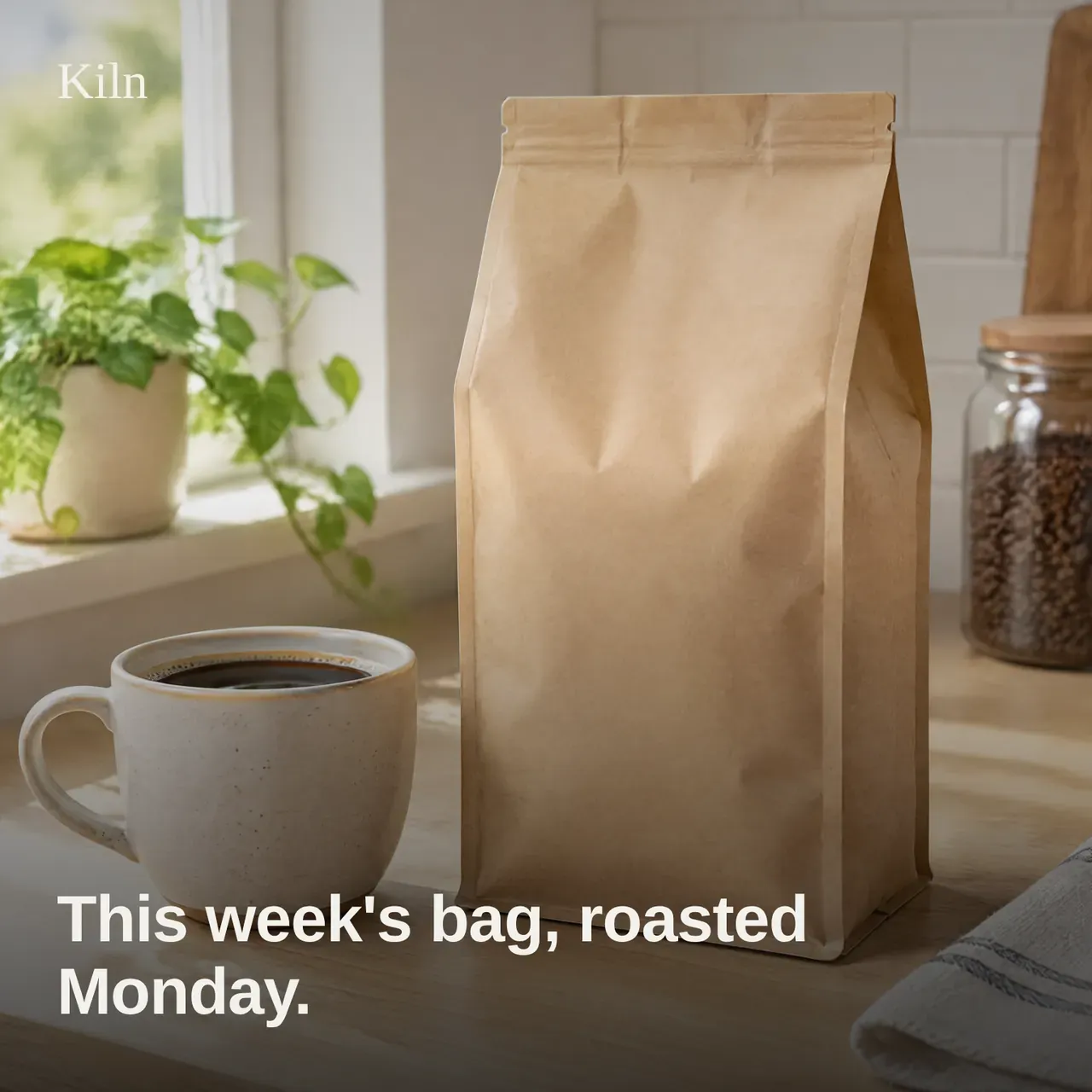 The same Kiln image after the edit: the coffee bag and cup are fully visible, with the line This week's bag, roasted Monday, and no emojis or all-caps claim.