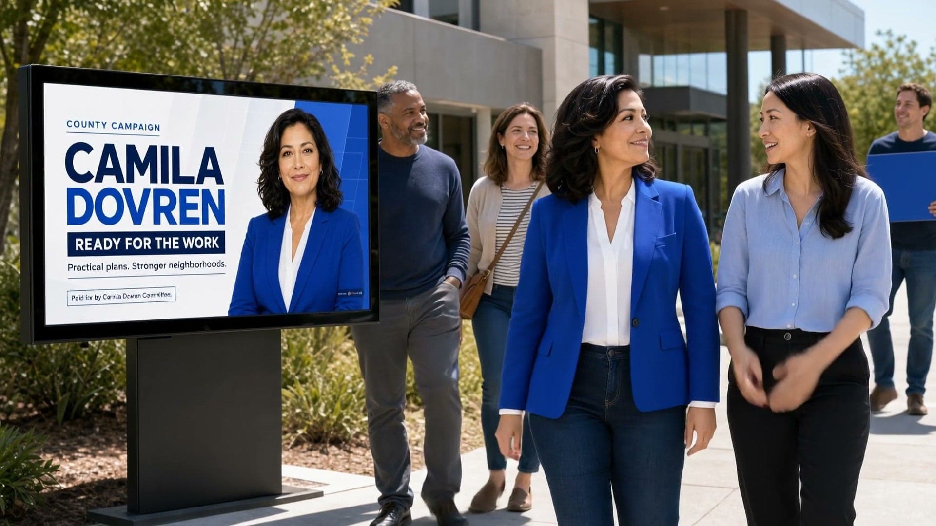 Fictional candidate Camila Dovren walking with supporters beside her finished outdoor campaign ad.