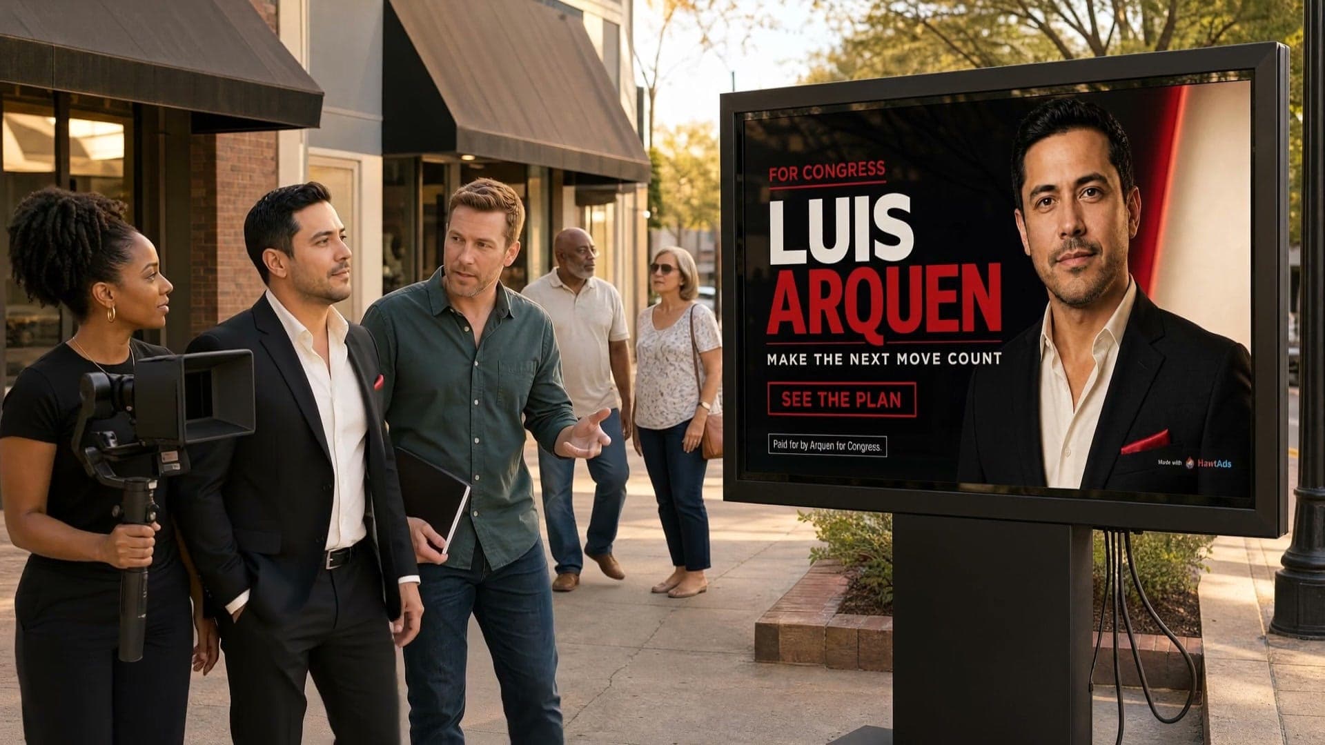 Fictional candidate Luis Arquen and a camera crew walking beside his finished outdoor campaign ad.