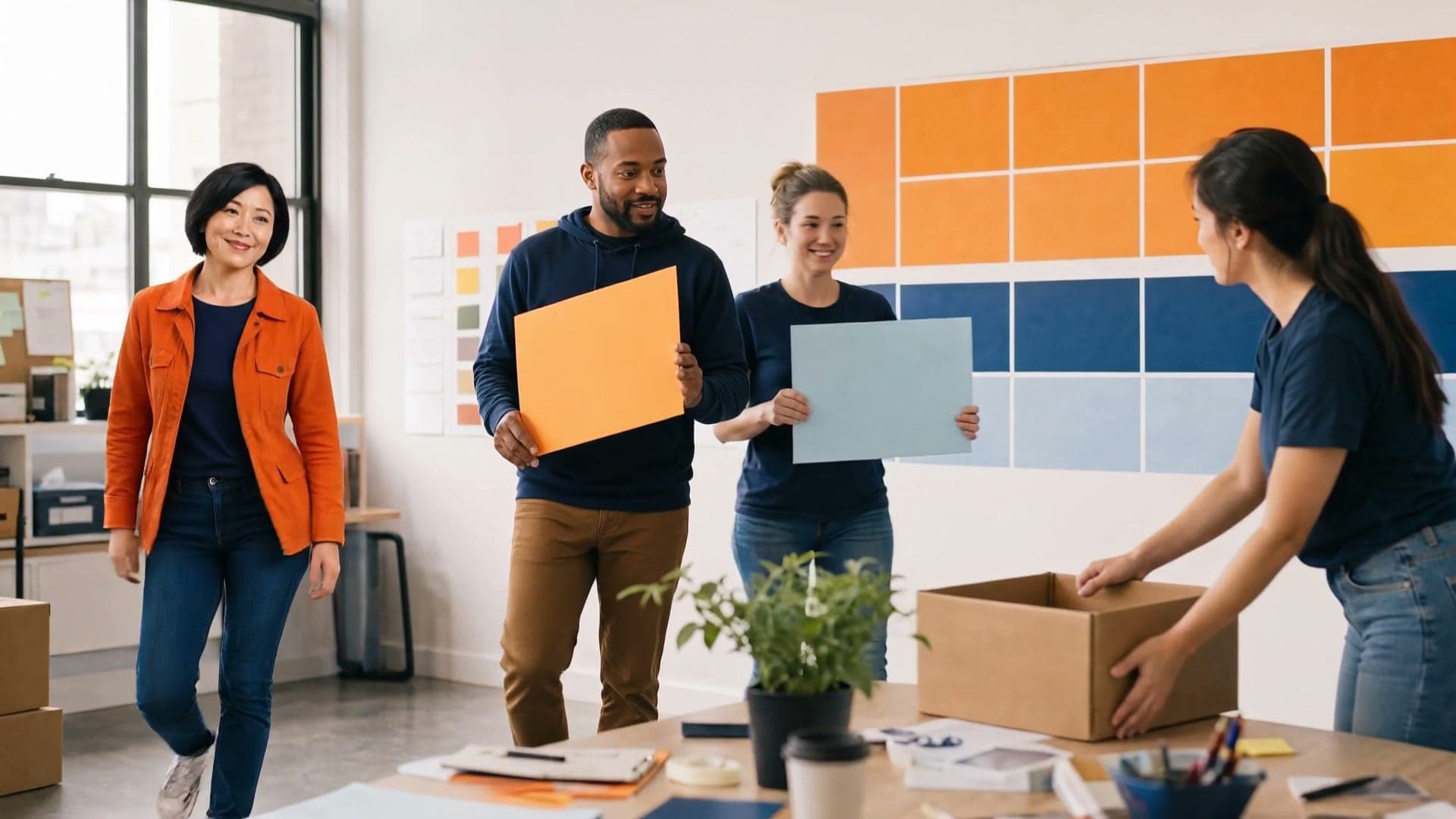 A fictional campaign team carrying orange and blue creative boards toward a planning wall in a bright field office.