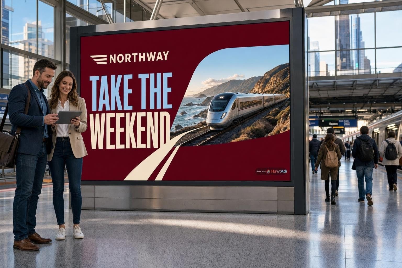 Two marketers comparing notes beside a Northway ad with a Made with HawtAds watermark in a rail station.