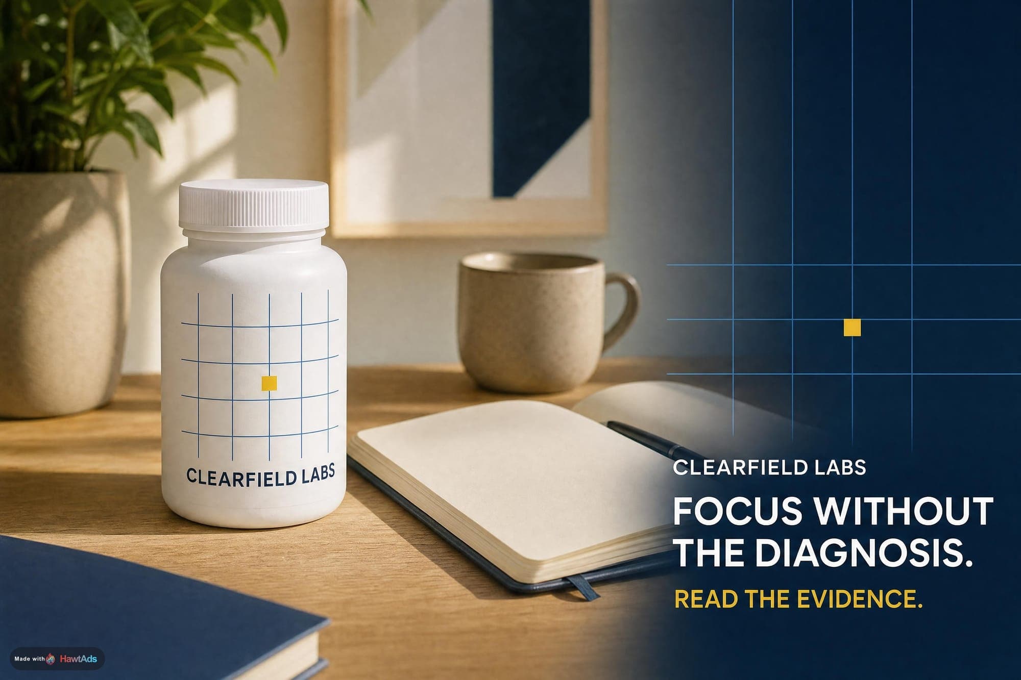 A bright fictional Clearfield Labs nootropic ad with a white bottle and the line Focus Without the Diagnosis.