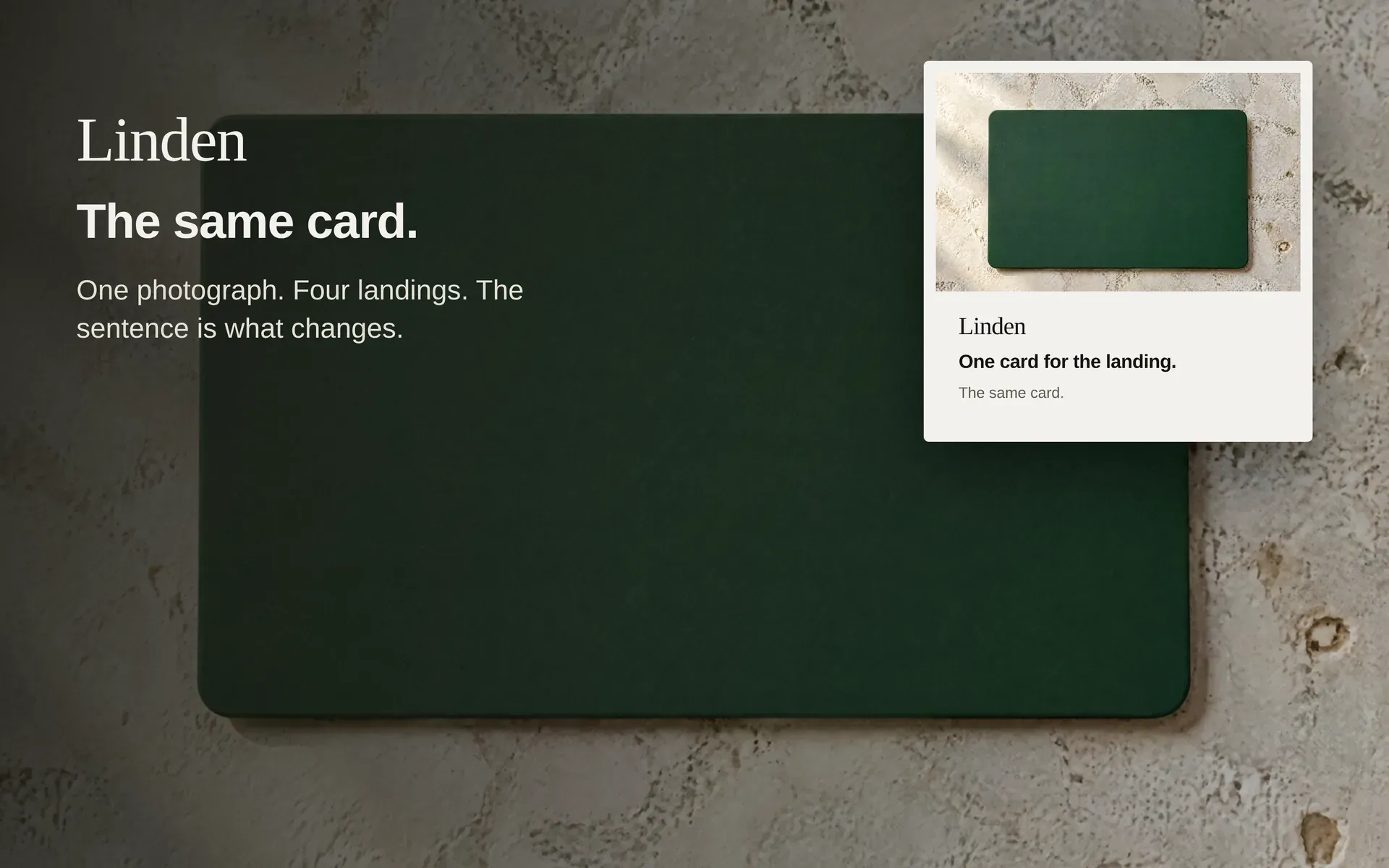 Linden card on limestone, with the line The same card, and a small version of the card ad.