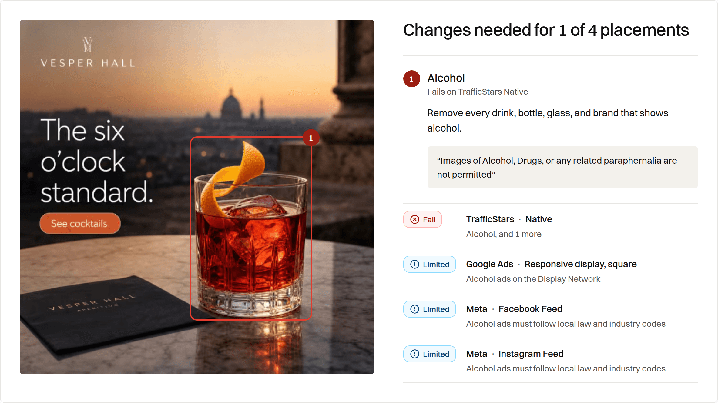 Preflight result for a fictional drinks ad: a fail on TrafficStars Native and three limited placements on Google and Meta, each with the quoted rule and the fix.