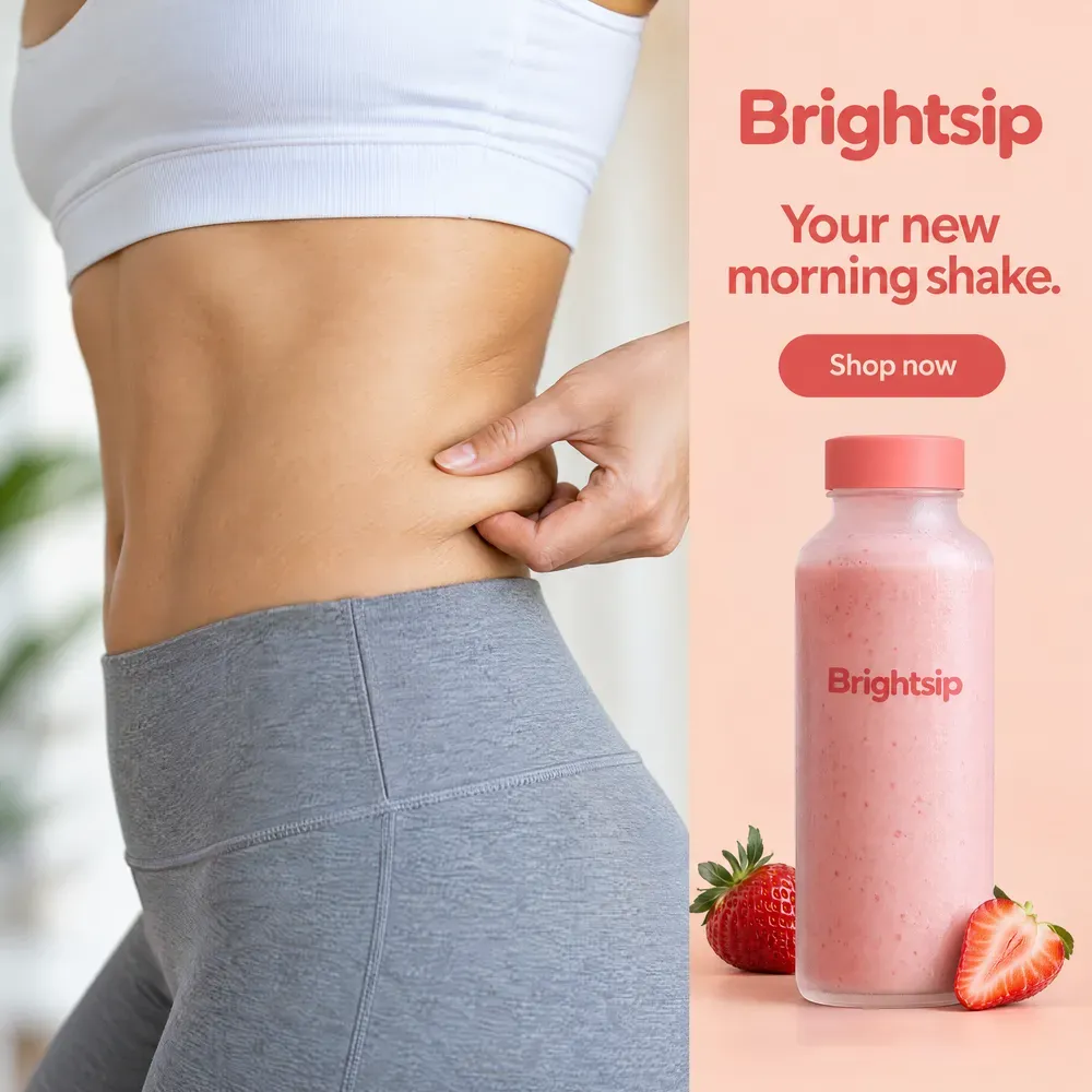 Square Brightsip ad. Left: a waist in grey leggings, fingers pinching a fold of skin. Right: the shake.